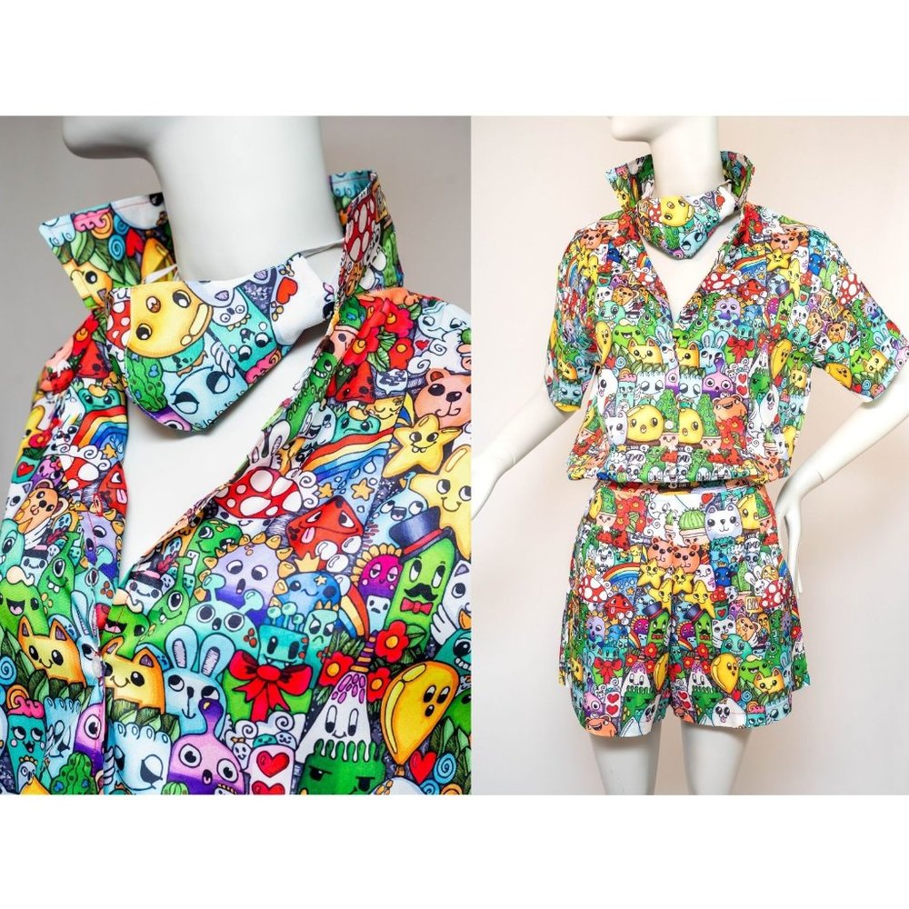 Unisex Vintage Three Piece Festival Set with Matching Mask - Shirt Shorts